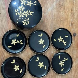 Coaster Set Japanese Black Lacquer Gold Flowers